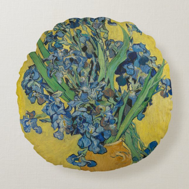 Van Gogh Vas med Iris Klassisk Impressionism Rund Kudde (Framsidan)