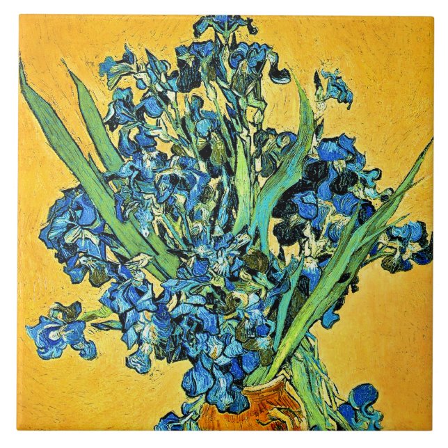Van Gogh - Vas med Irisar Gul Bakgrund Kakelplatta (Framsidan)