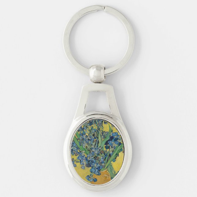 Van Gogh Vas med Irises Classic Impressionism Ovalt Silverfärgad Nyckelring (Framsidan)
