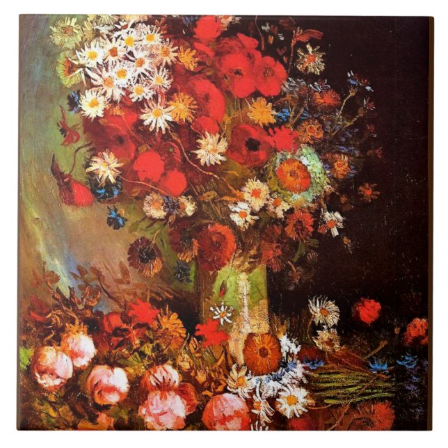 Van Gogh - Vas med poppies, kornblommor, ponnyer Kakelplatta (Framsidan)