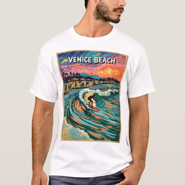 Van Gogh Venice Beach Surfa California Retro Trave T Shirt (Framsida)