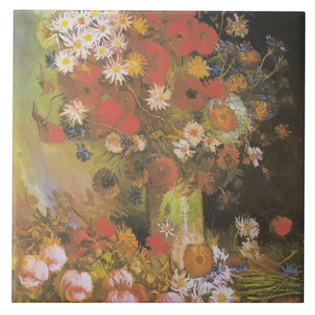 Van Gogh Vintage Peonies och Chrysanthemums Kakelplatta (Framsidan)