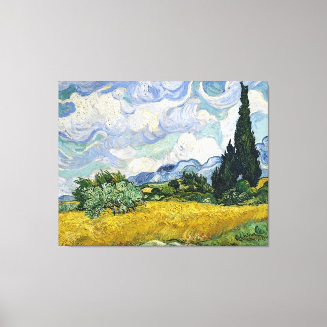 Van Gogh Wheat Fält Cypresses Painting Canvastryck (Framsida)