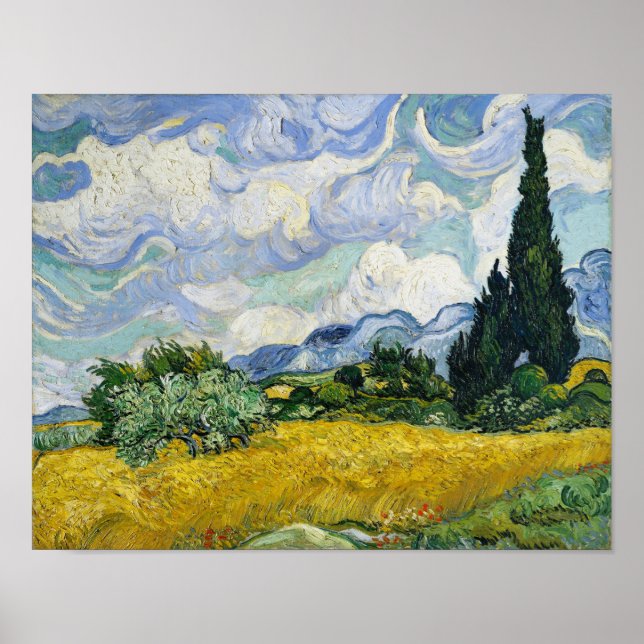 Van Gogh Wheat Fält Cypresses Painting Poster (Framsidan)