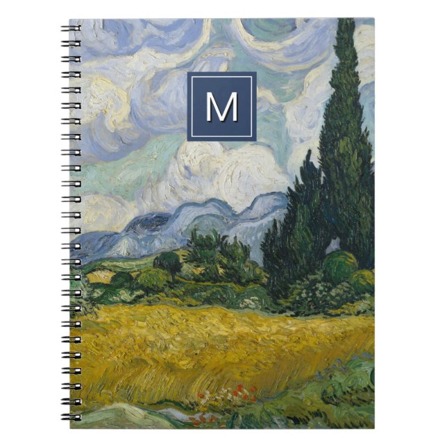 Van Gogh Wheat Fält med Cypresses Art Monogram Anteckningsbok (Framsidan)
