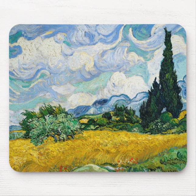 Van Gogh Wheat Fält med Cypresses. Impressionism Musmatta (Framsidan)