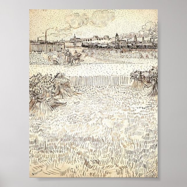 Van Gogh - Wheat Fält med Sheaves och Arles Poster (Framsidan)