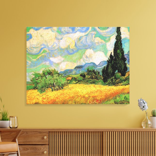 Van Gogh Wheat Fält w Cypresses på Haute Galline Canvastryck (Insitu (Vardagsrum))