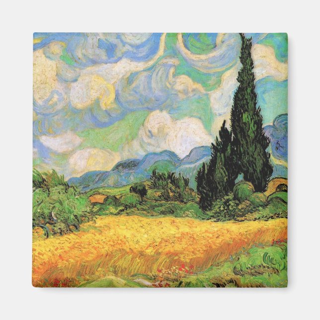 Van Gogh Wheat Fält w Cypresses på Haute Galline Magnet (Framsidan)
