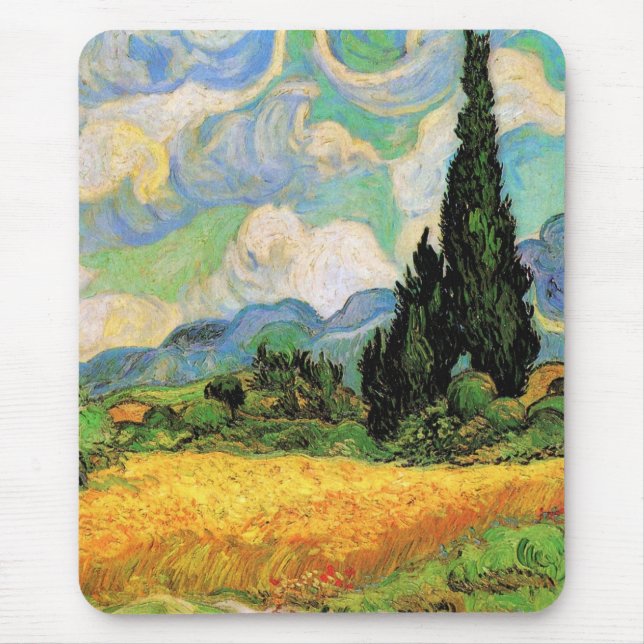 Van Gogh Wheat Fält w Cypresses på Haute Galline Musmatta (Framsidan)