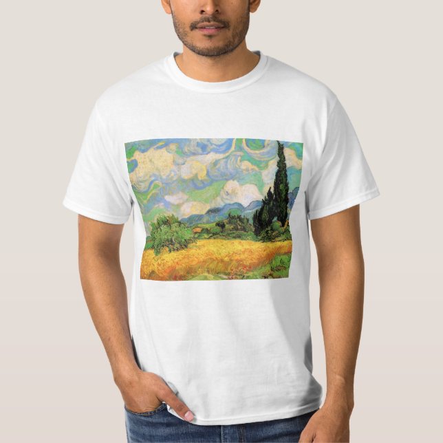 Van Gogh Wheat Fält w Cypresses på Haute Galline Tee (Framsida)