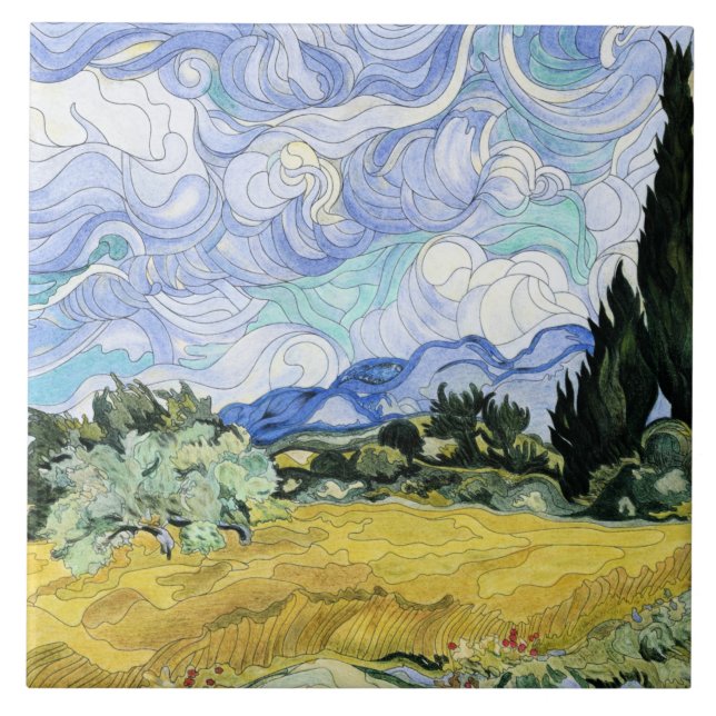 Van Gogh - Wheatfield med cypresser Kakelplatta (Framsidan)