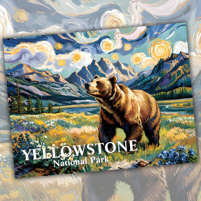 Van Gogh Yellowstone Grizzly Bear Anpassningsbar T Vykort (Van Gogh Yellowstone Grizzly Bear Custom Text Postcard)