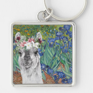 Van Gogh's Irises och Finare Llama Fyrkantig Silverfärgad Nyckelring