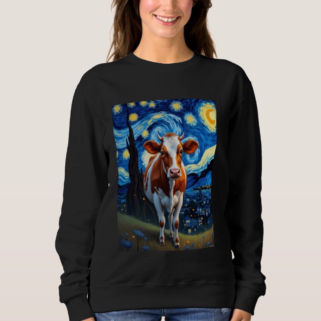 Van Gogh's Starry Night Cow Bovine Djur älskare T Shirt (Framsida)