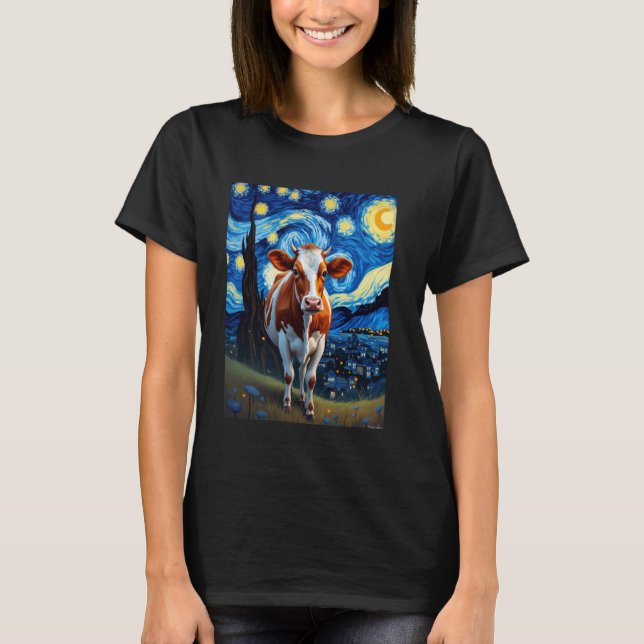 Van Gogh's Starry Night Cow Bovine Djur älskare T Shirt (Framsida)
