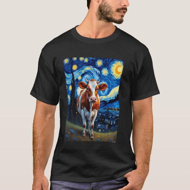 Van Gogh's Starry Night Cow Bovine Djur älskare T Shirt (Framsida)
