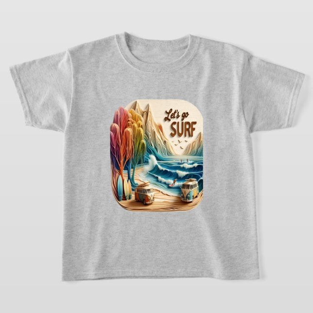 Van Pared with Surfboard on Sandy Shore T Shirt (Laydown)