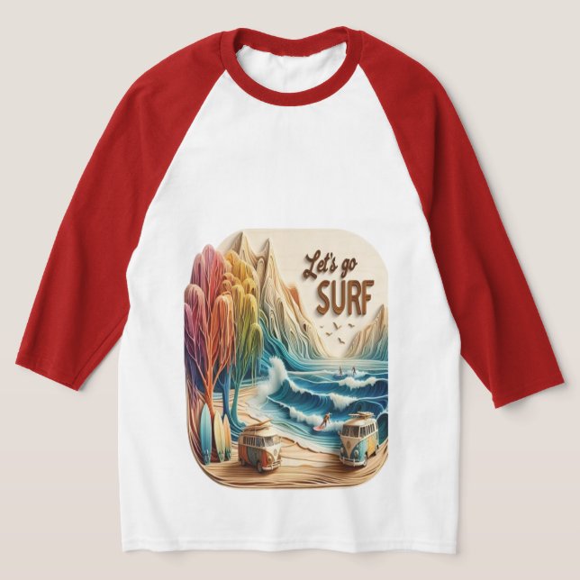 Van Pared with Surfboard on Sandy Shore T Shirt (Laydown)