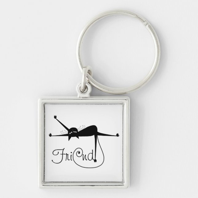 VÄN - svart stolligkattunge 7 Fyrkantig Silverfärgad Nyckelring (Framsidan)