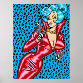 Vana DeVinyl™/Röd vinylklänning/Blå leopardaffisch Poster