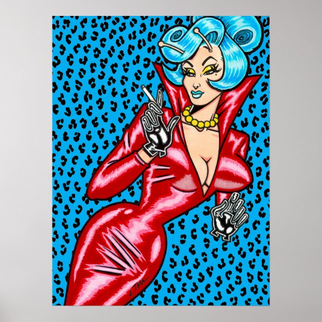 Vana DeVinyl™/Röd vinylklänning/Blå leopardaffisch Poster (Framsidan)
