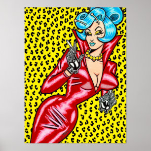 Vana DeVinyl™/Röd vinylklänning/Gul leopard Poster