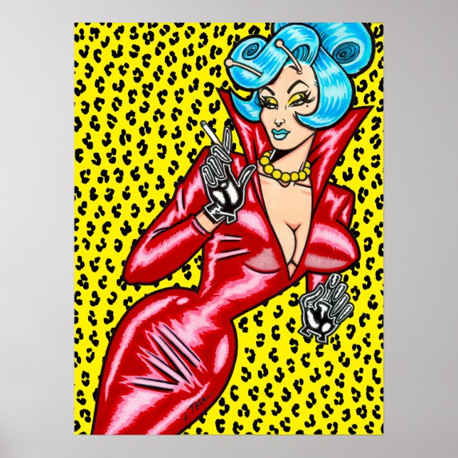 Vana DeVinyl™/Röd vinylklänning/Gul leopard Poster (Framsidan)