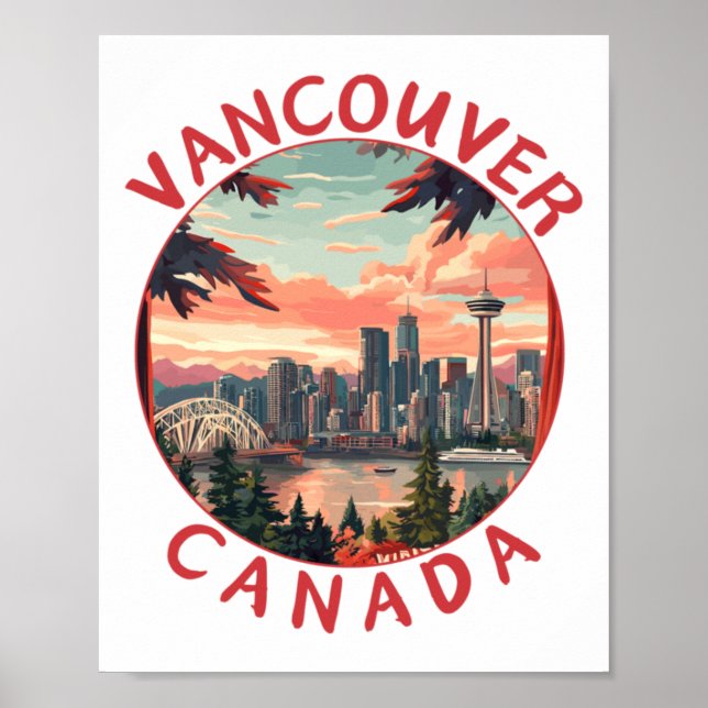 Vancouver i Kanada Retro Vector Resemålning Konst  Poster (Framsidan)