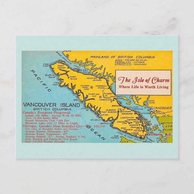 Vancouver Island  Vintage Karta Blå Brevkarte Vykort (Framsida)