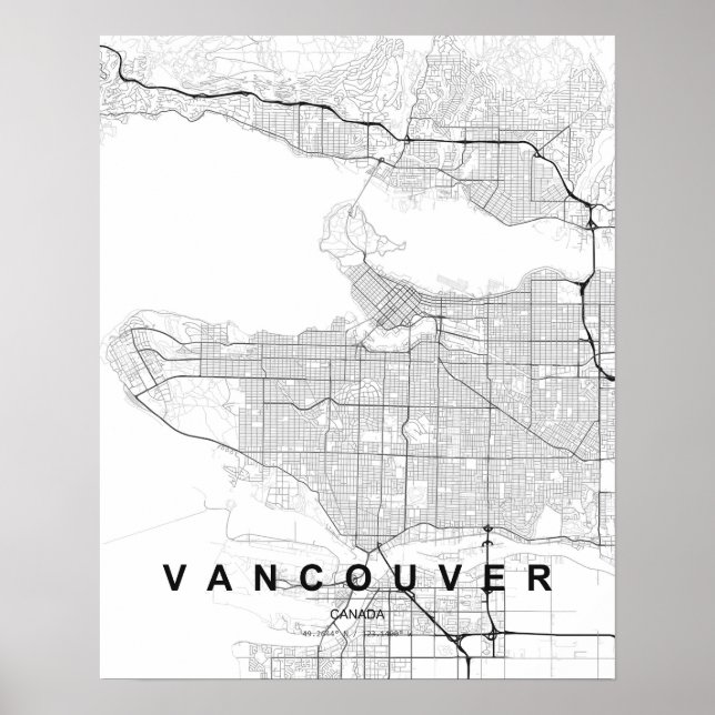 Vancouver Minimalistisk Karta (Svart & Vitt) Poster (Framsidan)