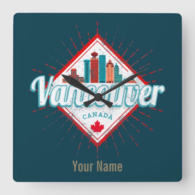 Vancouver Skyline British Columbia Retro Kanada Fyrkantig Klocka (Framsida)