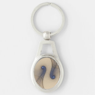 Vänd Cream och blå geometrisk design Ovalt Silverfärgad Nyckelring