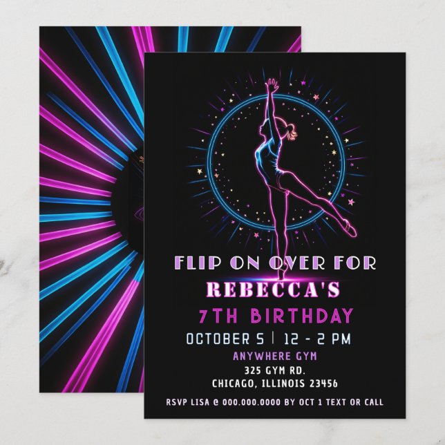 Vänd dig över Roligten på Neon Gymnastic Birthday Inbjudningar (Fram/baksida)