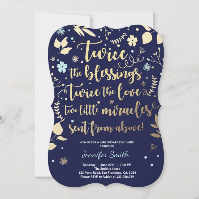 Vänd inbjudan till babyskor med Guld-blått flottpo (Framsida)