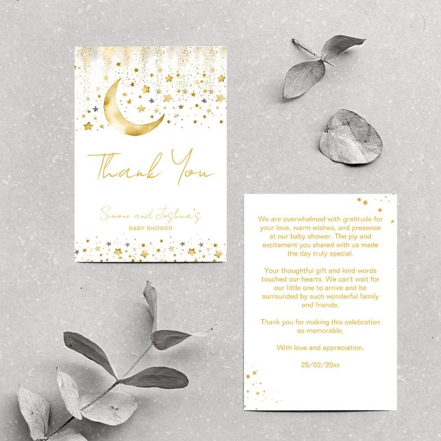Vänd skugga lilla stjärndusch för skjortor tack kort (Twinkle twinkle little star baby shower thank you card gold moon and stars simple boho thank you)