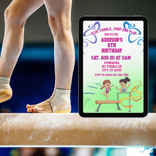 Vänd, tumla, hoppa, lek gymnastic födelsedag inbjudningar (Skapare uppladdad)