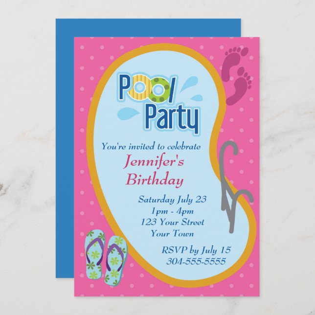Vänd våningen Bassäng Party Inbjudningar (Fram/baksida)