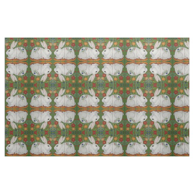 Vänd vit kanin Grönt Blommigt Folk Art Fabric Tyg (Fat Quarter)