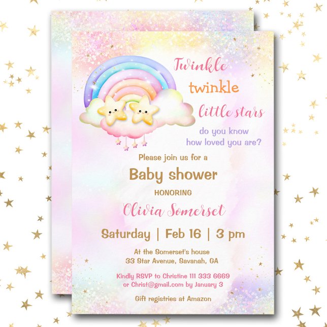 Vända lilla stjärnor Twillingar Regnbåge Babykläde Inbjudningar (Twinkle Little Star Twins Rainbow Baby Shower Invitation)