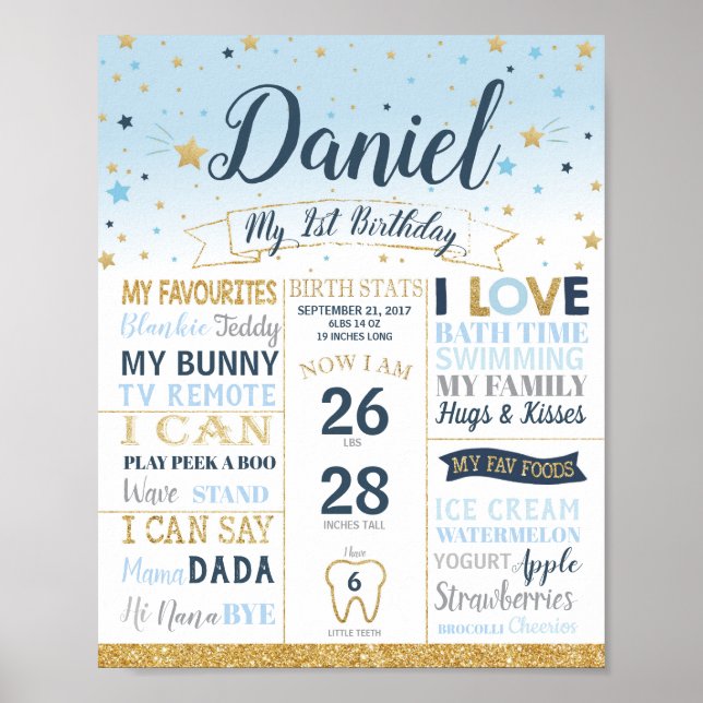 Vända små stjärnor 1:a födelsedagsdelstenar poster (Framsidan)