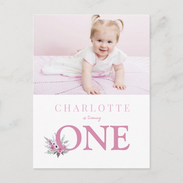 Vänder 1:a födelsemeddelandeinbjudan en blommigt vykort (Framsida)