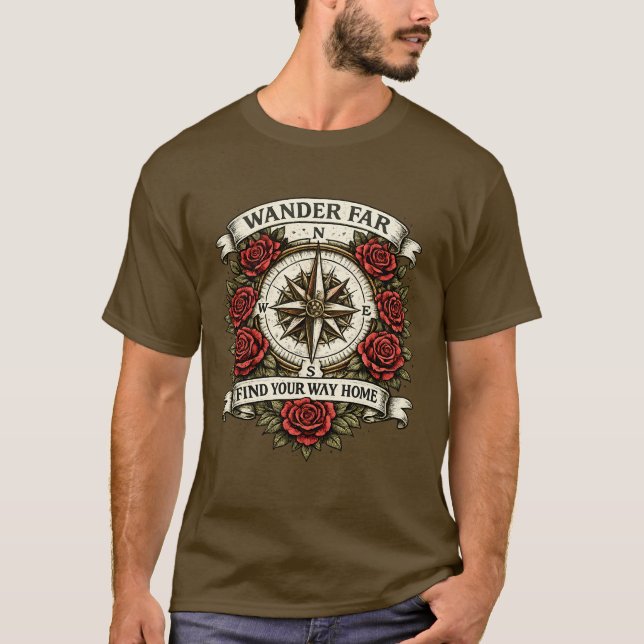 Vandra Långt Kompassros Vintage T-Shirt (Framsida)