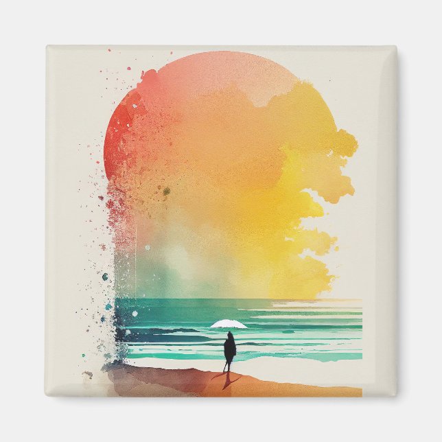 Vandrande in i vågorna Abstrakt strandkonst  Magnet (Framsidan)
