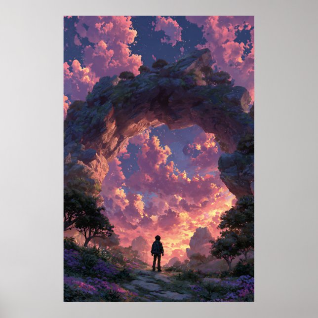 Vandrare vid Sunset Arch fantasilandskap Poster (Framsidan)