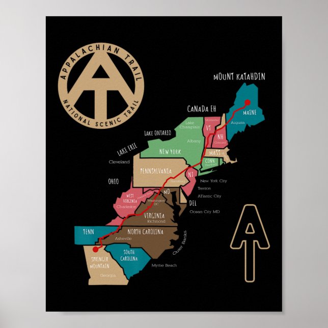 Vandringskarta för Appalachian Trail Poster (Framsidan)
