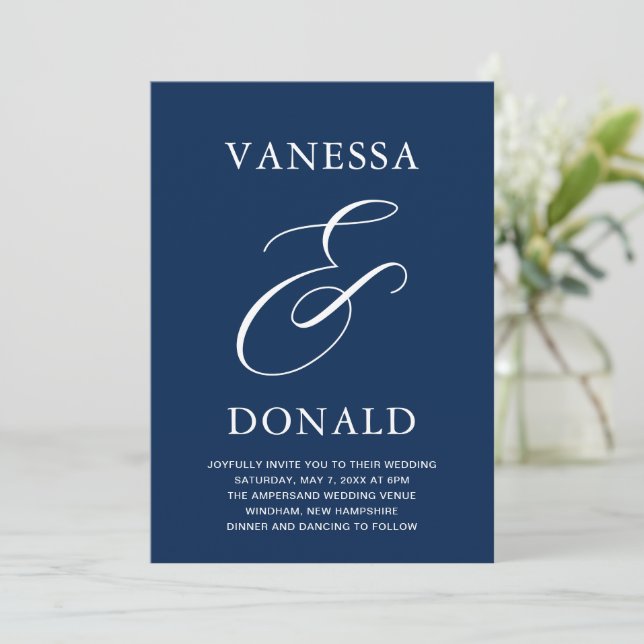Vanessa Navy Blue Modern Bröllop Inbjudningar (Stående Fram)