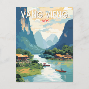 Vang Vieng Laos Travel Art Vintage Vykort