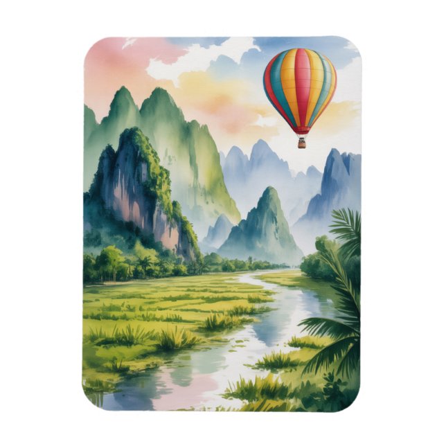 Vang Vieng Laos Vattenfärg för varmluftsballong Magnet (Vertikal)