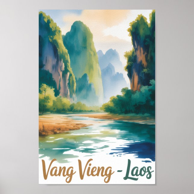 Vang Vieng Laos Vintage Akvarellmålning Poster (Framsidan)